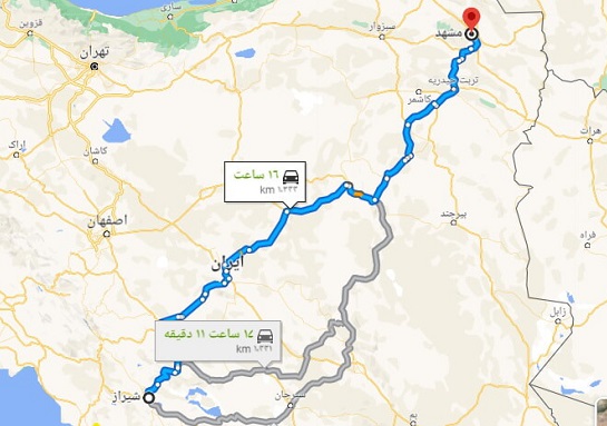 فاصله شیراز تا مشهد چند کیلومتر است ؟
